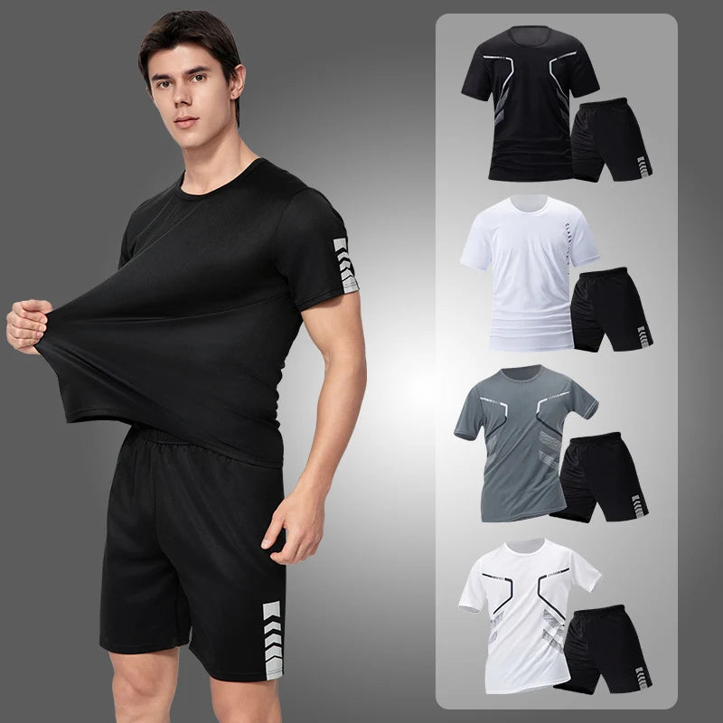 Athletnova 2-pcs Men's Quick-drying Exercise Black-and-white Suit Running Fitness