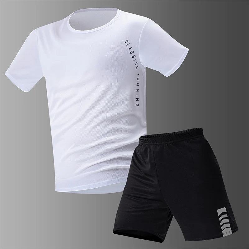 Athletnova 2-pcs Men's Quick-drying Exercise Black-and-white Suit Running Fitness