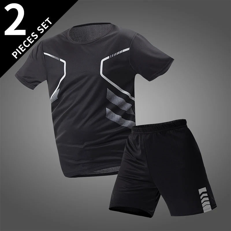 Athletnova 2-pcs Men's Quick-drying Exercise Black-and-white Suit Running Fitness